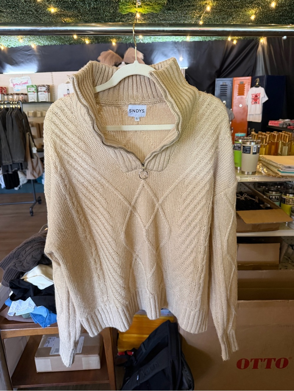 SNDYS. Cream Cable Knit Half-Zip Sweater (BOX 5)